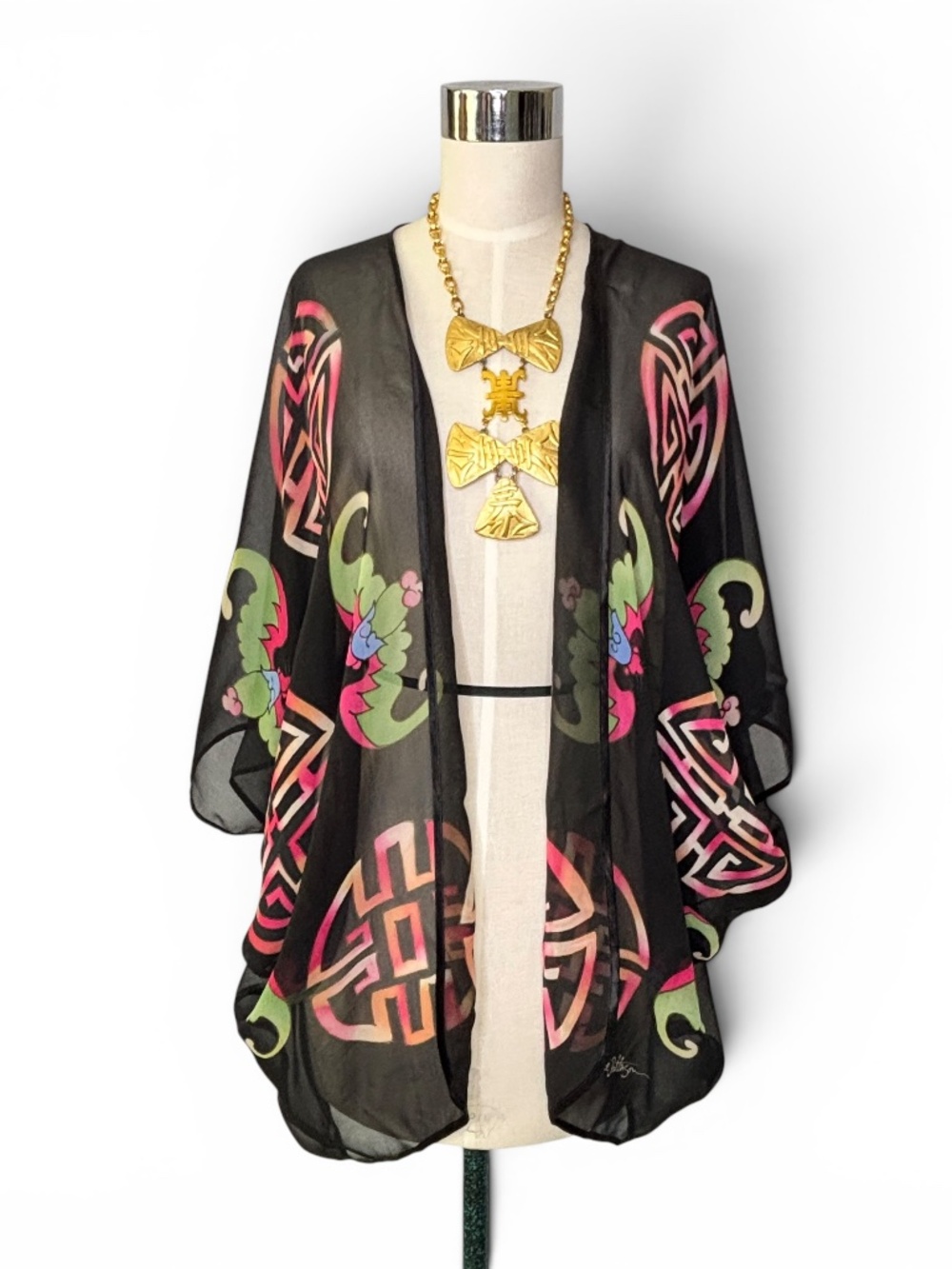 Vintage Carol Patterson 100% Silk Kimono Jacket Size M | Sheer Art-to-Wear State